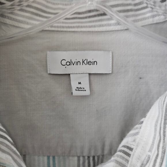 Calvin Klein White Striped Button-Down Linen Blend Shirt Size M - Picture 4 of 4
